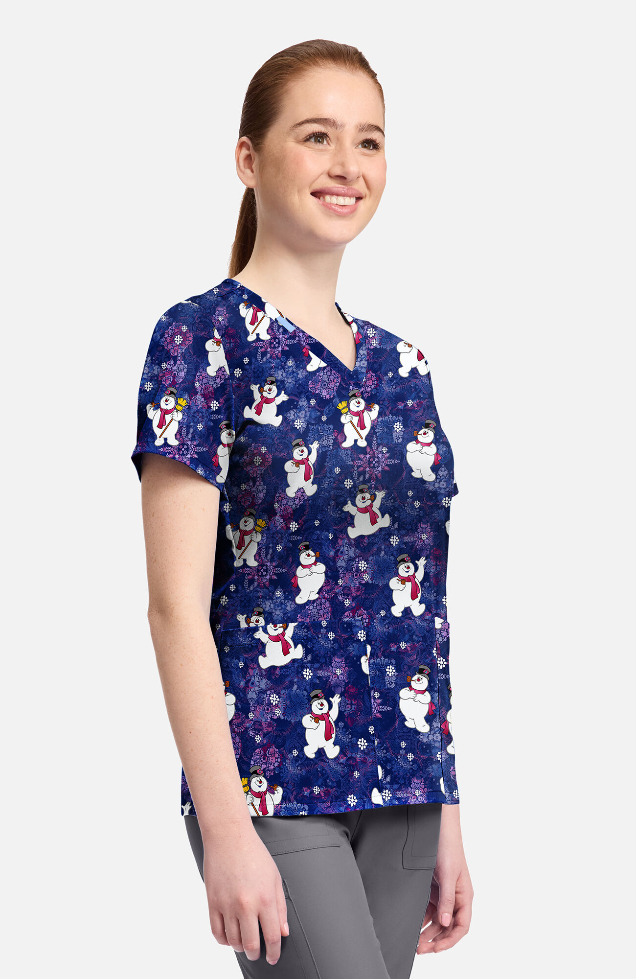 Women's Frosty Snowman Chilly Tiles Print Scrub Top, , large