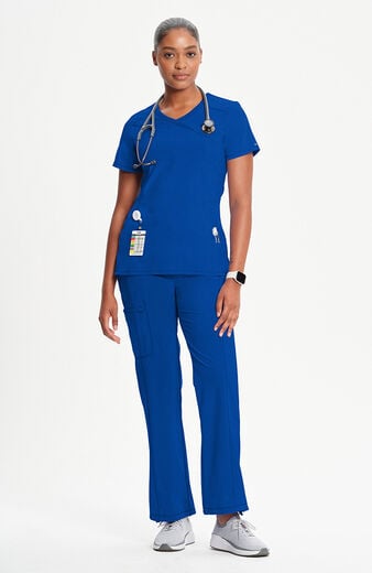 Women's 4-Pocket Knit Panel Mock Wrap Scrub Top Women's 4-Pocket Knit Panel Mock Wrap Scrub Top