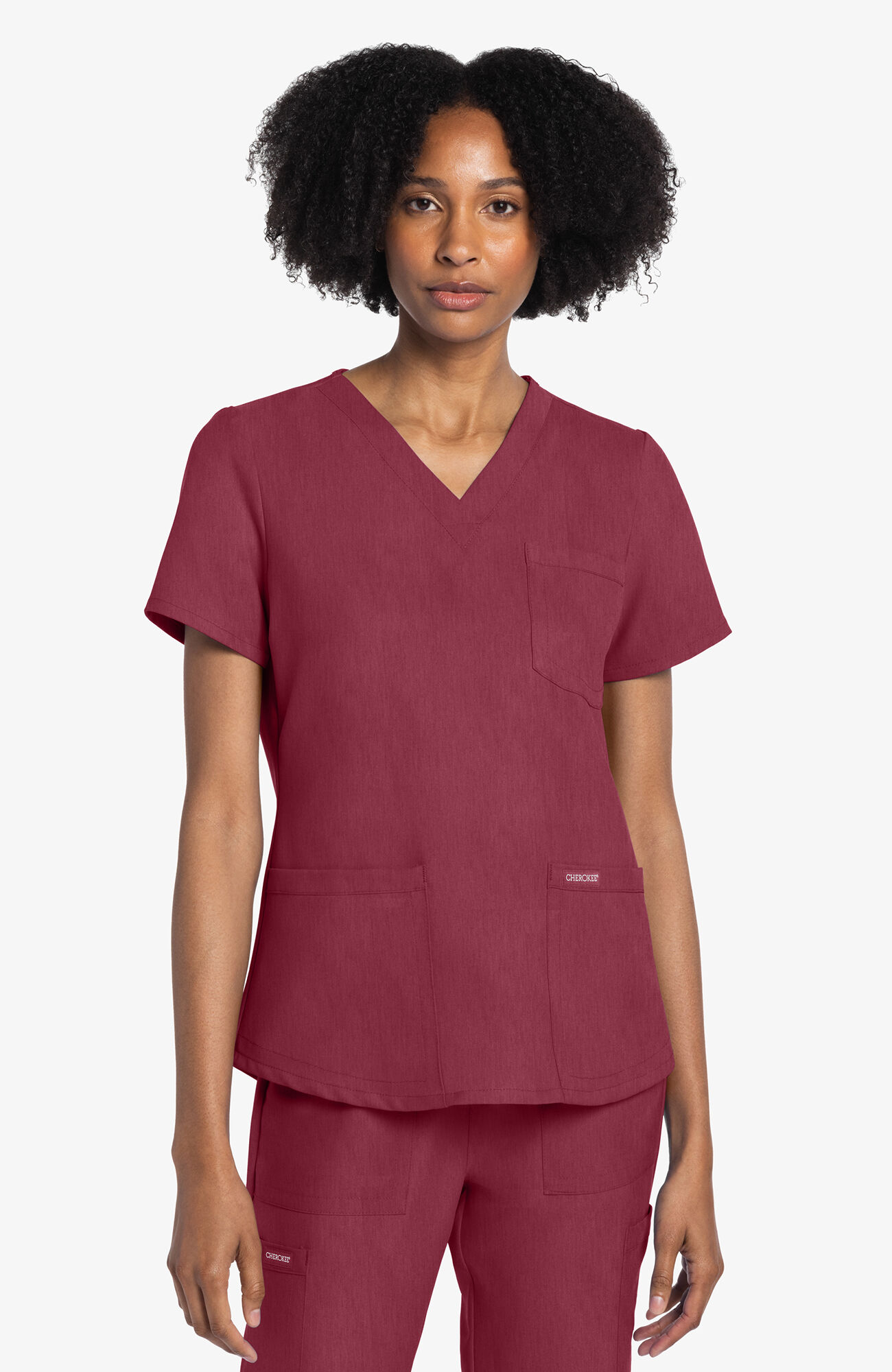 Women's 3-Pocket V-Neck Shirttail Scrub Top, HEC Heather Cranberry | red, large