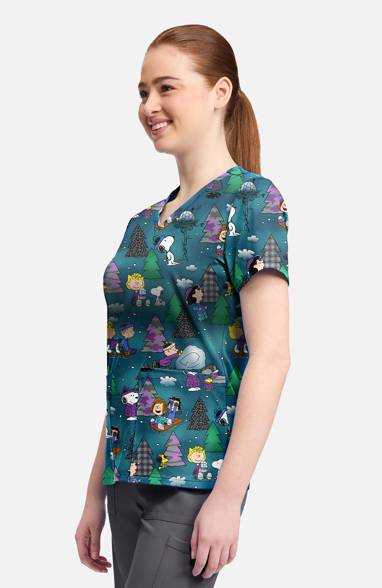 Women's Snoopy Winter Forest Print Scrub Top, , large