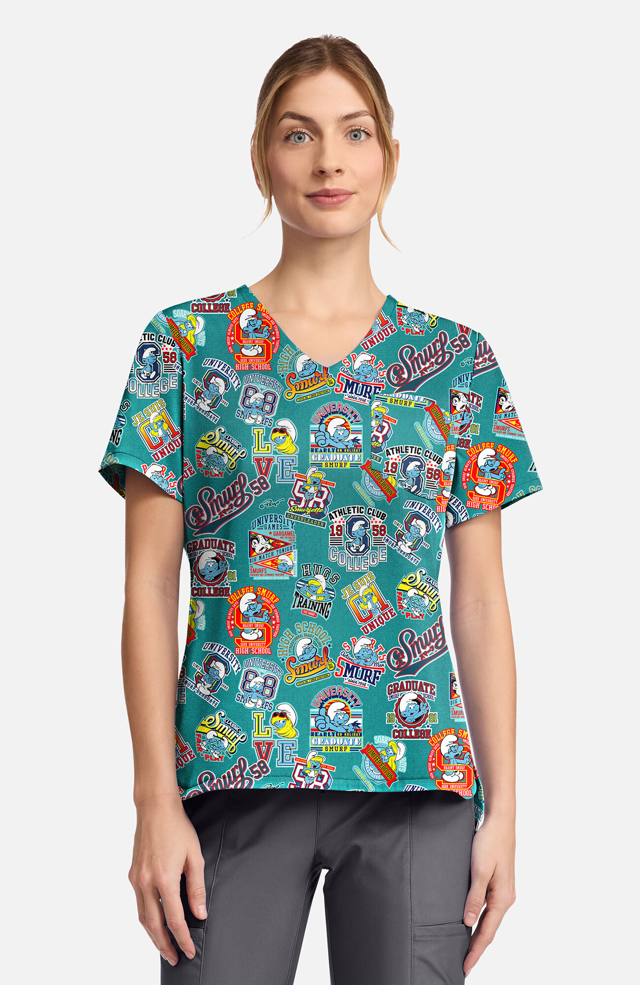 Women's Collegiate Smurfs Print Scrub Top, , large