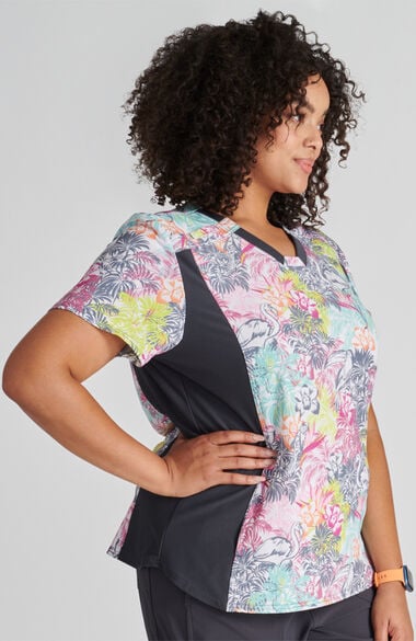 Clearance Women's V-Neck Knit Panel Birds of Paradise Print Scrub Top, , large