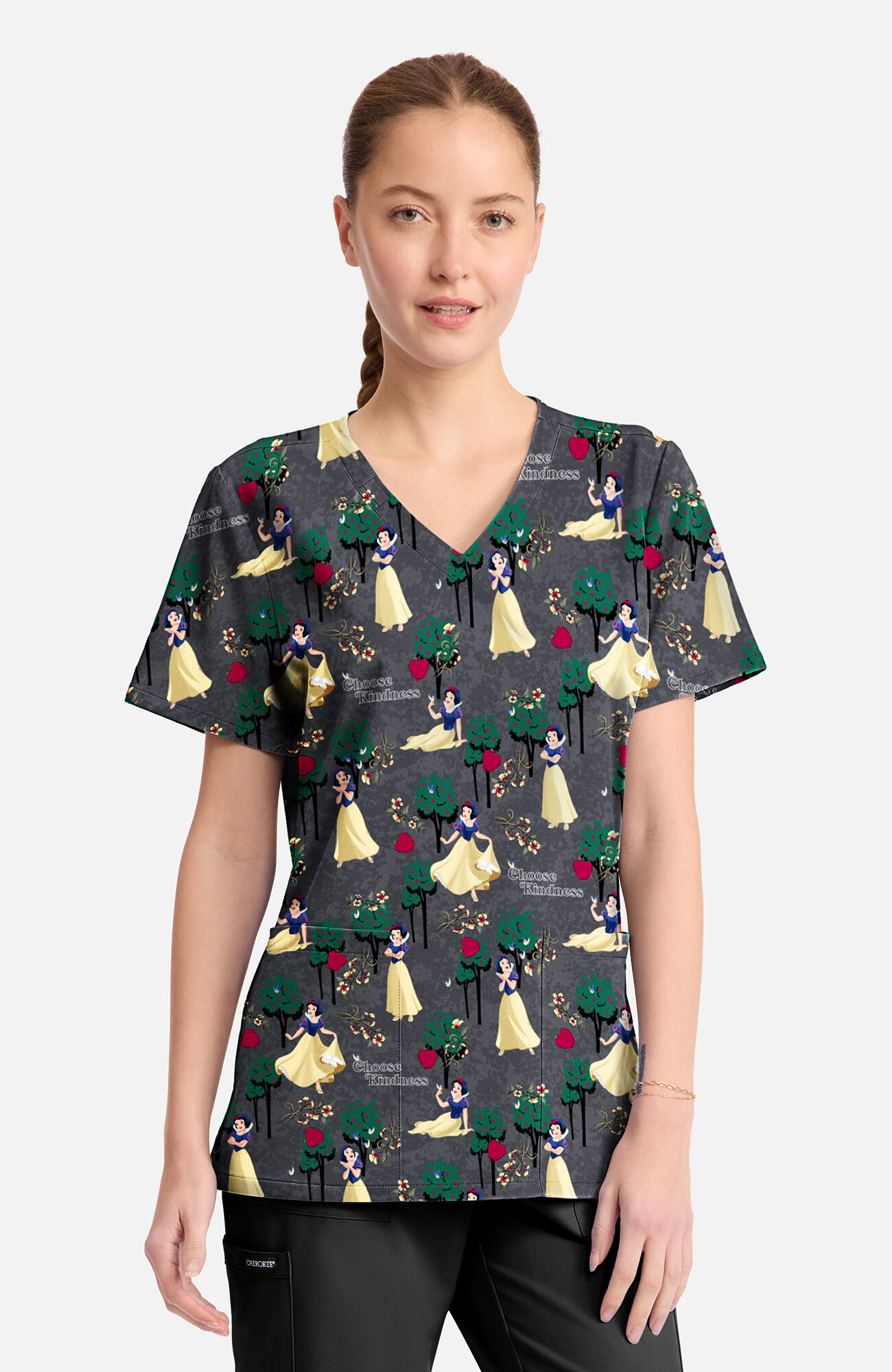 Women's Snow White Sending Kindness Print Scrub Top, , large