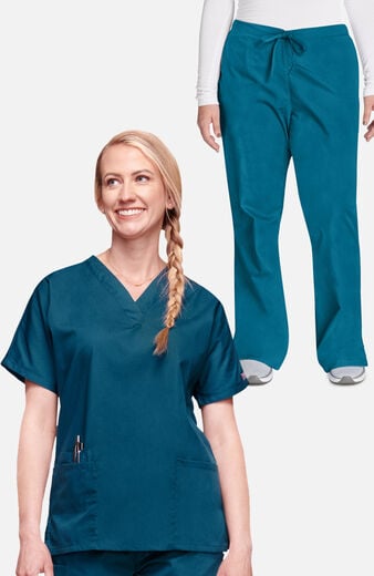 Women's Scrub Set: V-Neck Top & Flare Leg Drawstring Pant Women's Scrub Set: V-Neck Top & Flare Leg Drawstring Pant