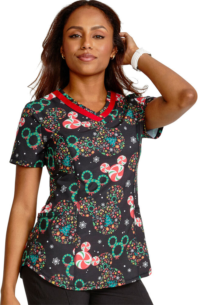 Women s Holiday Heads Print Scrub Top Cherokee Uniforms