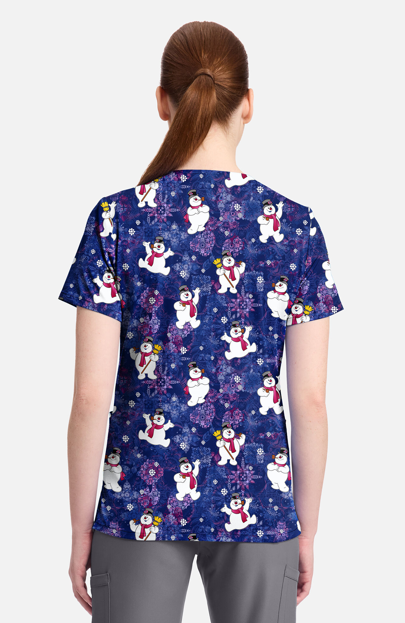 Women's Frosty Snowman Chilly Tiles Print Scrub Top, , large
