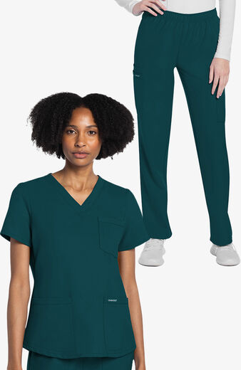 Women's Scrub Set: 3-Pocket V-Neck Shirttail Top & Pull-On Slim Leg Cargo Pant Women's Scrub Set: 3-Pocket V-Neck Shirttail Top & Pull-On Slim Leg Cargo Pant