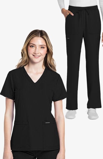 Women's Scrub Set: Rounded V-Neck Top & Drawstring Cargo Straight Leg Pant Women's Scrub Set: Rounded V-Neck Top & Drawstring Cargo Straight Leg Pant