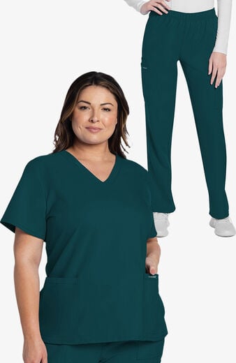 Women's Scrub Set: Rounded V-Neck Top & Pull-On Slim Leg Cargo Pant Women's Scrub Set: Rounded V-Neck Top & Pull-On Slim Leg Cargo Pant