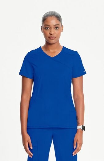 Women's 4-Pocket Knit Panel Mock Wrap Scrub Top Women's 4-Pocket Knit Panel Mock Wrap Scrub Top