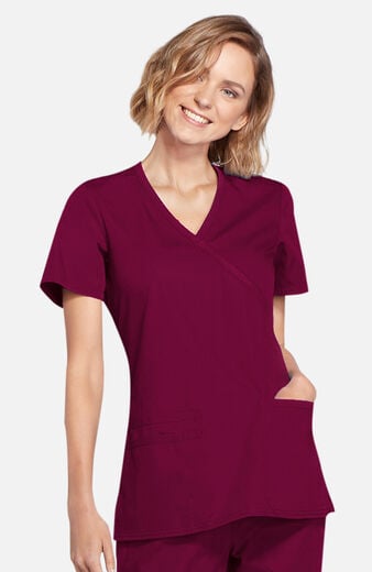 Women's Mock Wrap Knit Panel Solid Scrub Top Women's Mock Wrap Knit Panel Solid Scrub Top