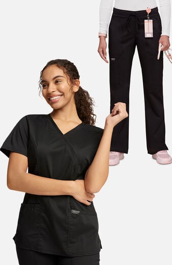 Women's Scrub Set: Shaped 3-Pocket Mock Wrap Top & Drawstring Flare Pant Women's Scrub Set: Shaped 3-Pocket Mock Wrap Top & Drawstring Flare Pant