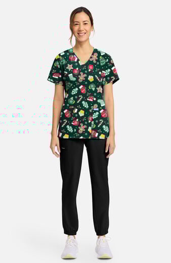 Women's Waiting For Santa Print Scrub Top Women's Waiting For Santa Print Scrub Top