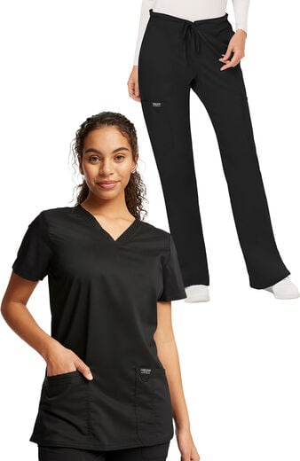Women's Scrub Set: 3-Pocket V-Neck Stretch Top & Drawstring Flare Pant Women's Scrub Set: 3-Pocket V-Neck Stretch Top & Drawstring Flare Pant