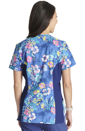 Clearance Women's Mock Wrap Blooming Tie Dye Print Scrub Top