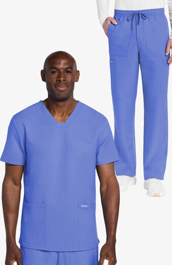 Men's Scrub Set: 2-Pocket Squared V-Neck Top & Zip Fly Cargo Straight Leg Pant Men's Scrub Set: 2-Pocket Squared V-Neck Top & Zip Fly Cargo Straight Leg Pant