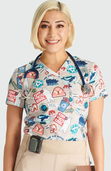 Women's Tuckable Care For The Cause Print Scrub Top, , large