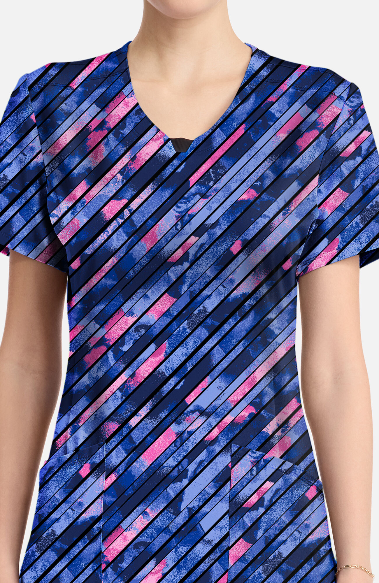 Women's Round Neck Staggered Marble Print Scrub Top, , large