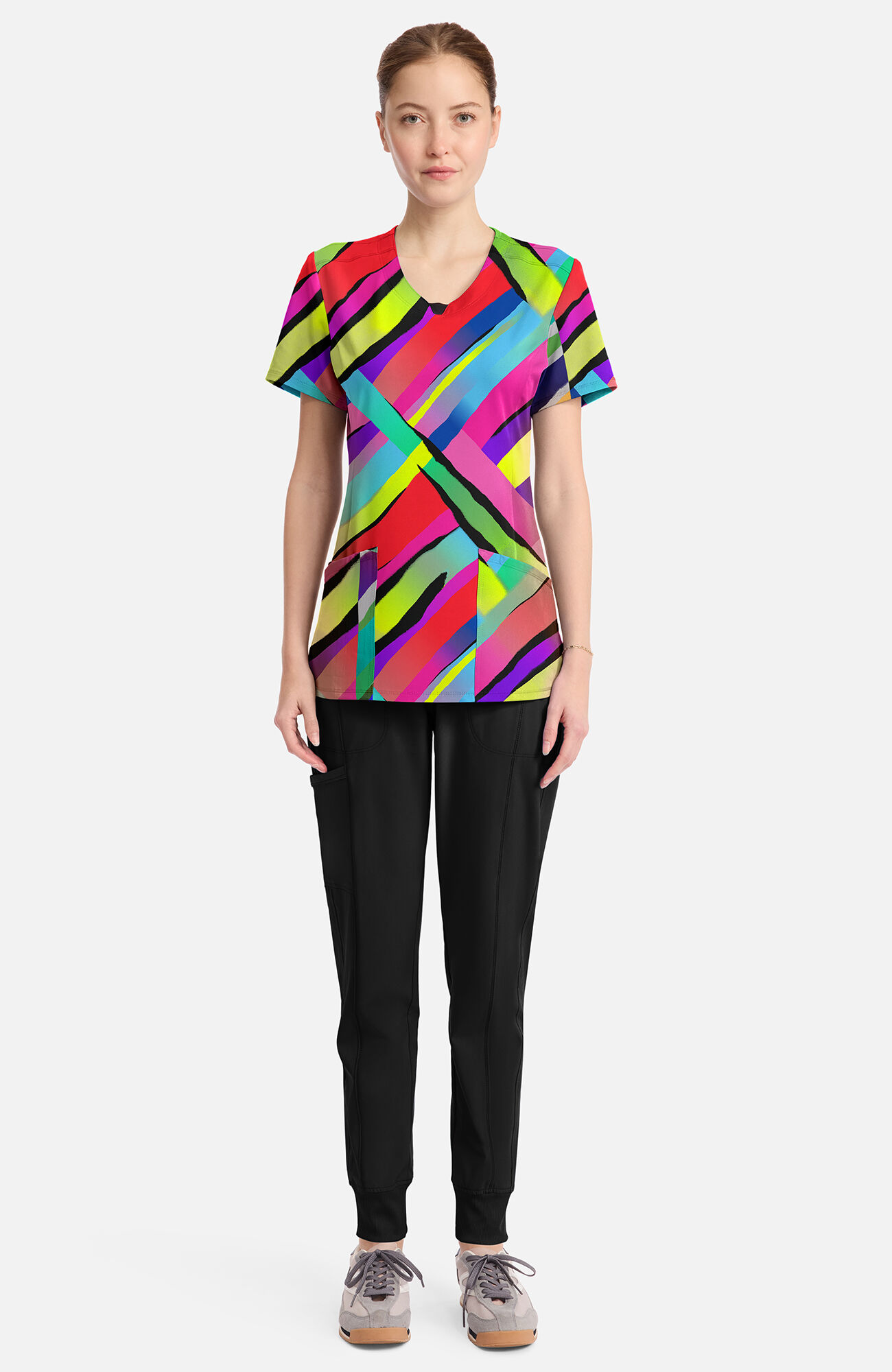 Women's Round Neck Color Block Stripe Print Scrub Top, , large