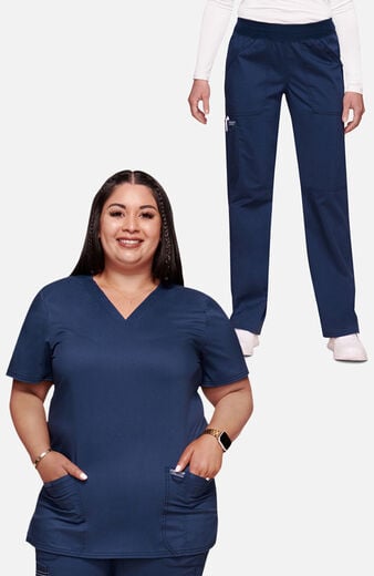 Women's Scrub Set: 3-Pocket V-Neck Stretch Top & Elastic Waist Cargo Pocket Pant Women's Scrub Set: 3-Pocket V-Neck Stretch Top & Elastic Waist Cargo Pocket Pant