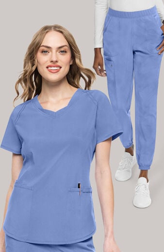 Women's Scrub Set: Layered V-Neck Top & Mid Rise Pull On Jogger Pant Women's Scrub Set: Layered V-Neck Top & Mid Rise Pull On Jogger Pant