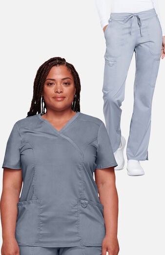 Women's Scrub Set: Shaped 3-Pocket Mock Wrap Top & Drawstring Flare Pant Women's Scrub Set: Shaped 3-Pocket Mock Wrap Top & Drawstring Flare Pant