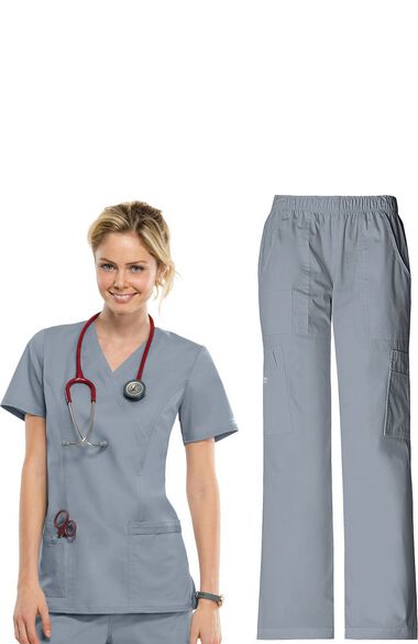 Women's Scrub Set: Mock Wrap Top & Elastic Waist Pant, , large