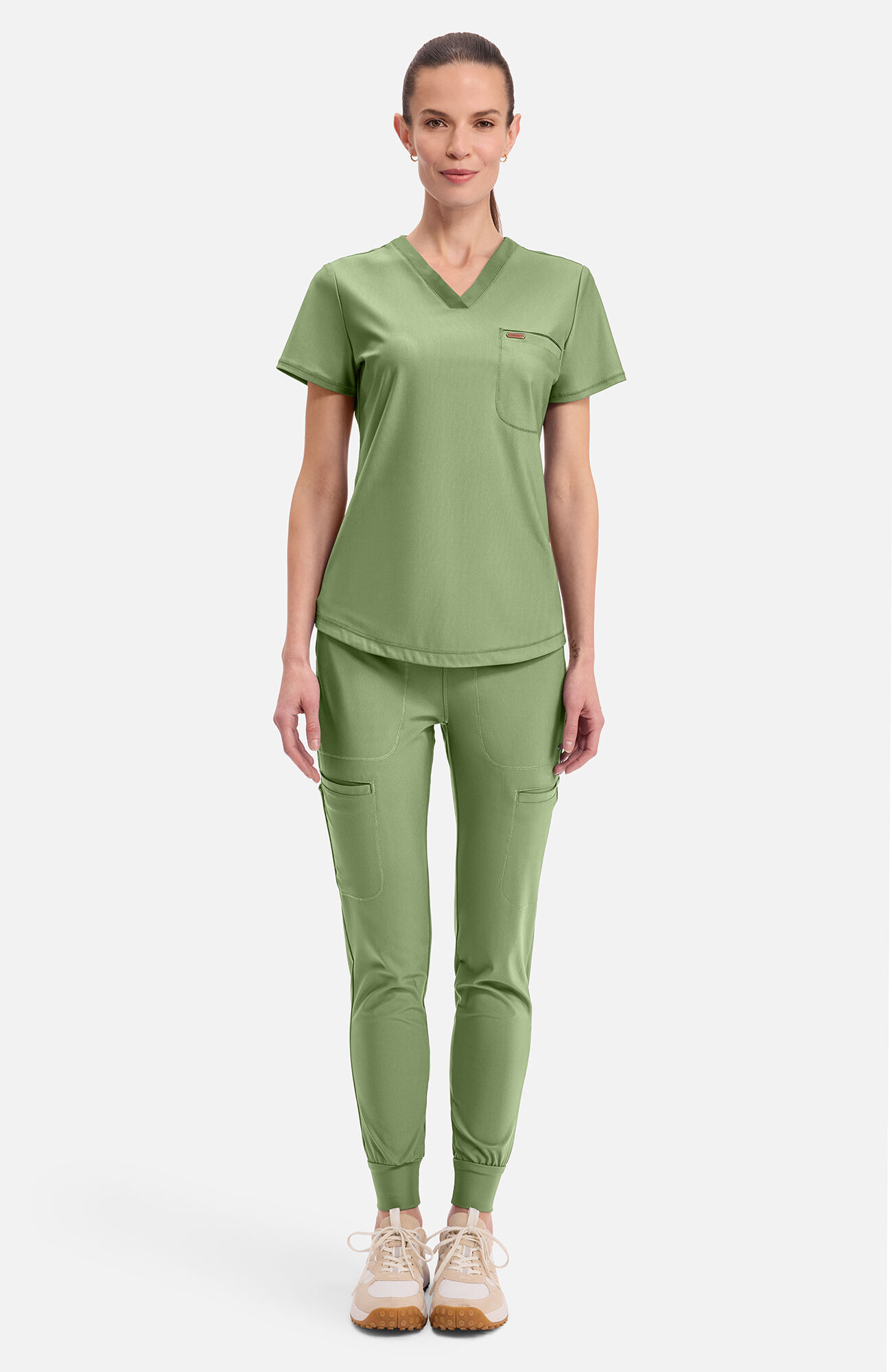 Women's Tuck-In Knit Mesh V-Neck Scrub Top, BRS Bright Sage | olive, large