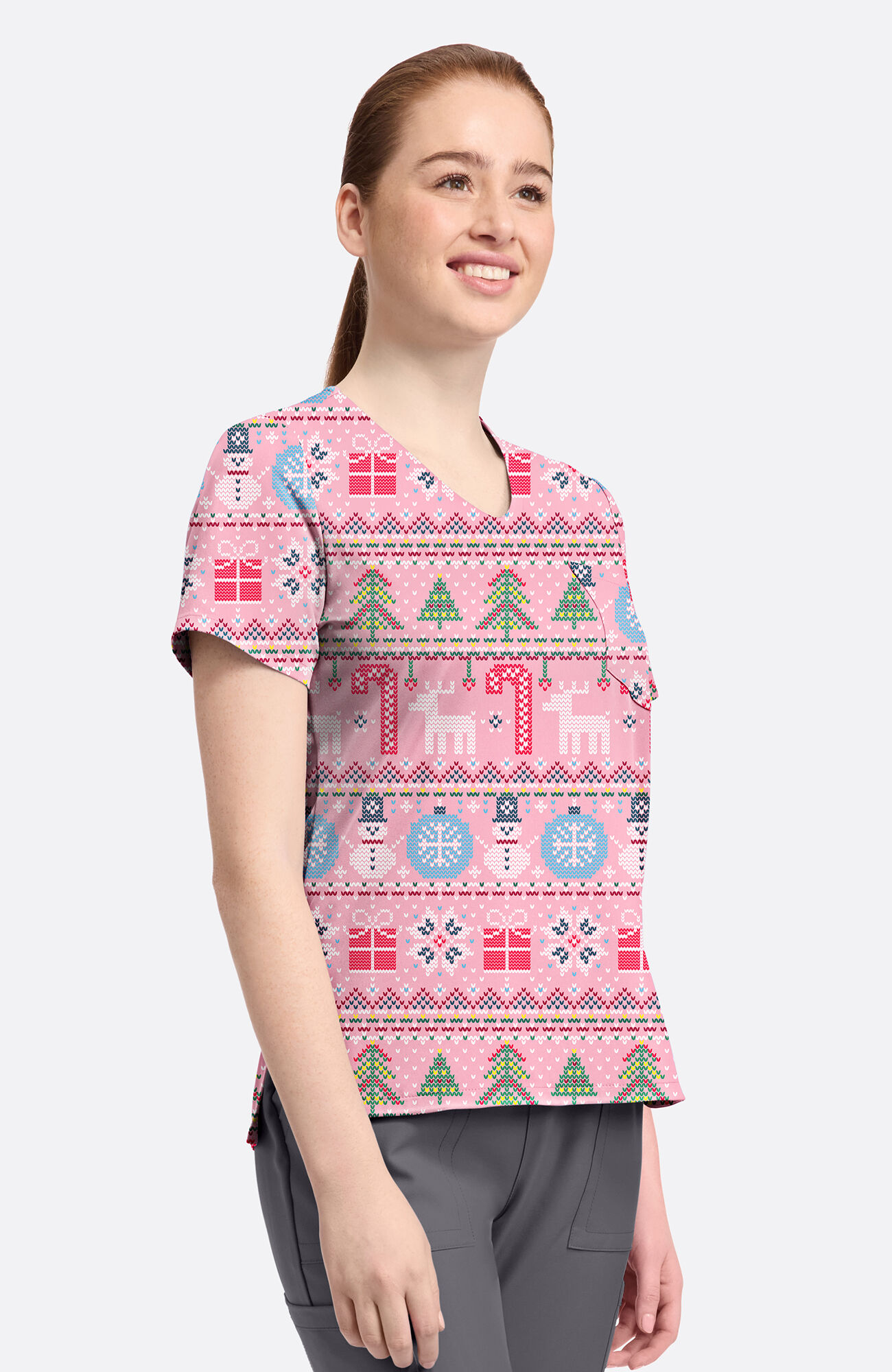 Women's Festive Fair Isle Print Scrub Top, , large