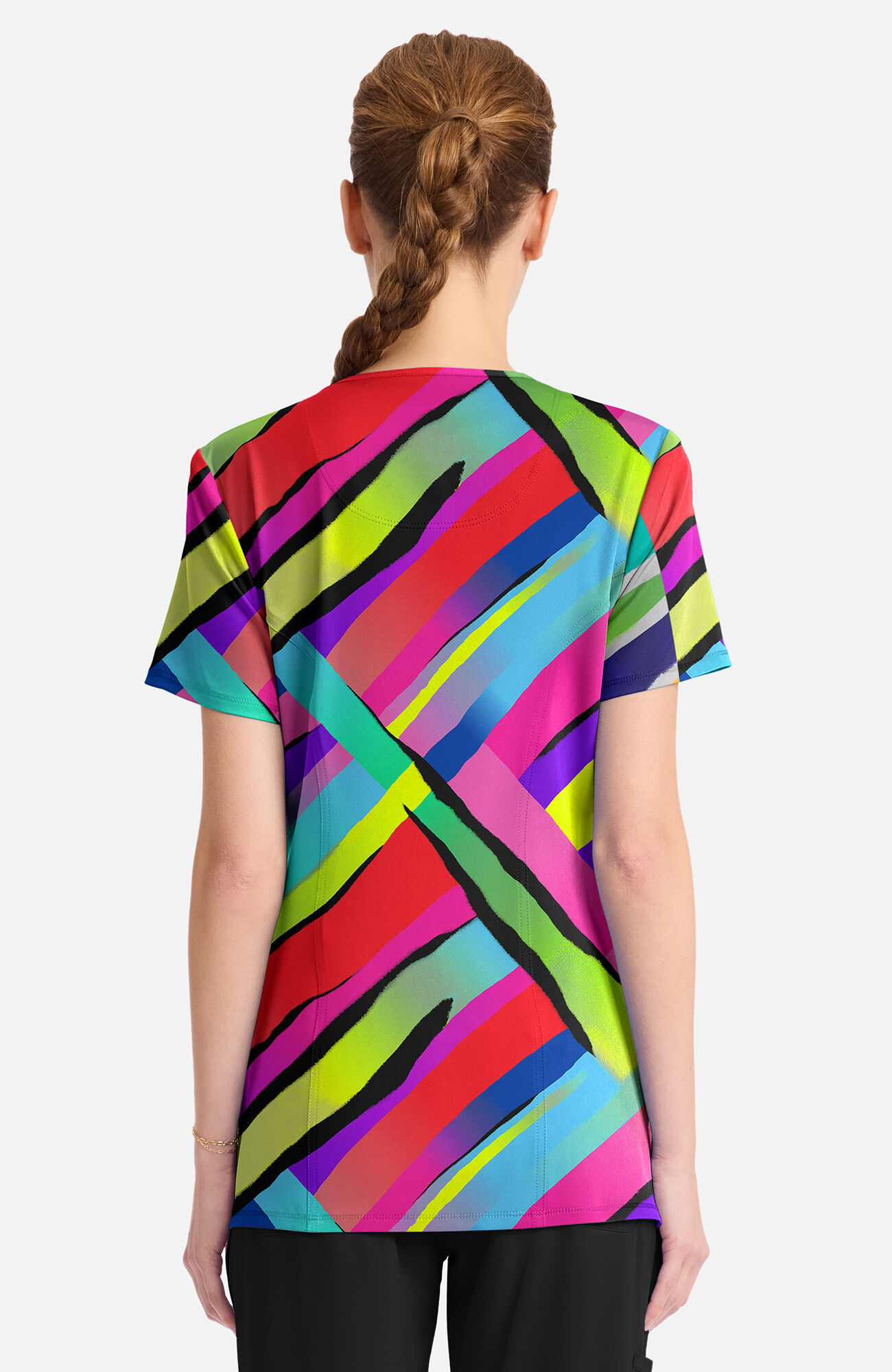 Women's Round Neck Color Block Stripe Print Scrub Top, , large