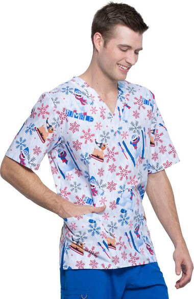 Clearance Unisex V-Neck Bumble Rumble Print Scrub Top, , large