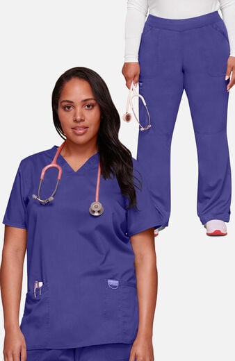 Women's Scrub Set: 3-Pocket V-Neck Stretch Top & Elastic Waist Cargo Pocket Pant Women's Scrub Set: 3-Pocket V-Neck Stretch Top & Elastic Waist Cargo Pocket Pant