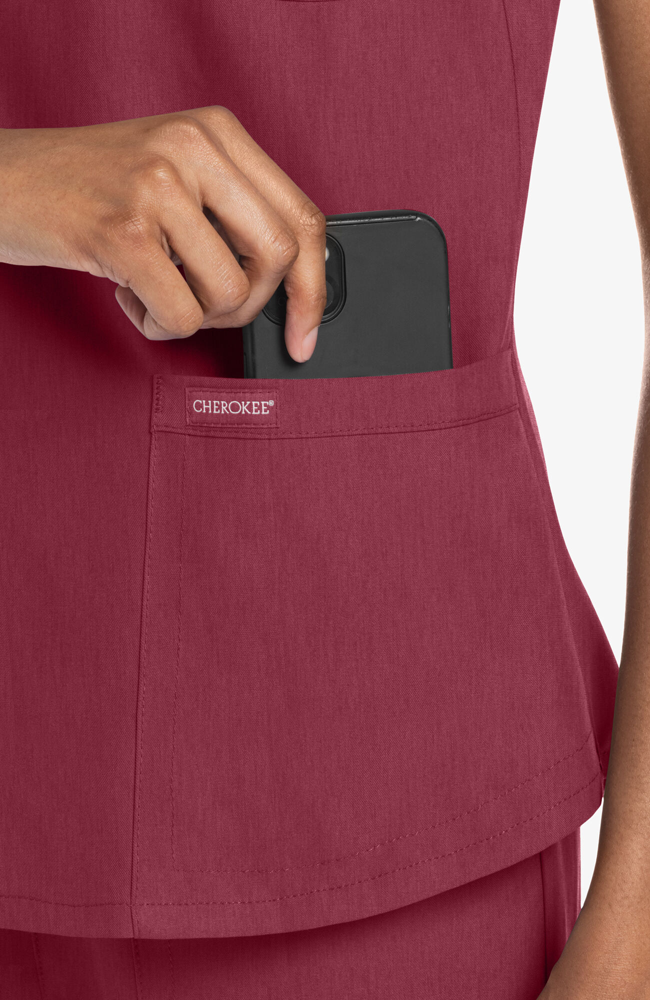 Women's 3-Pocket V-Neck Shirttail Scrub Top, HEC Heather Cranberry | red, large