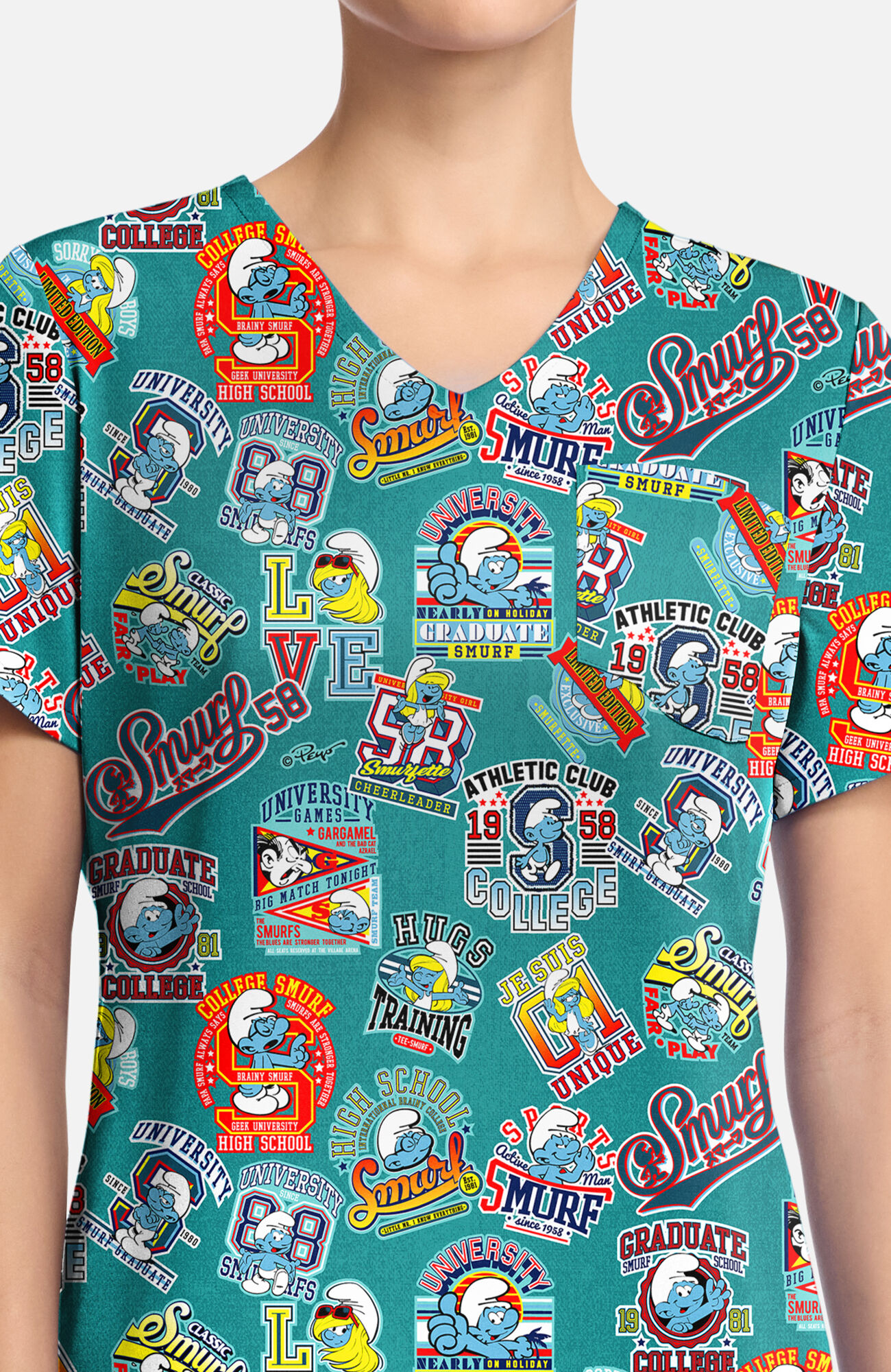 Women's Collegiate Smurfs Print Scrub Top, , large