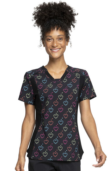 Clearance Women's Knit Panel Hearts On The Line Print Scrub Top, , large