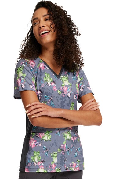 Clearance Women's Knit Panel Toad-ally Floral Friends Print Scrub Top, , large
