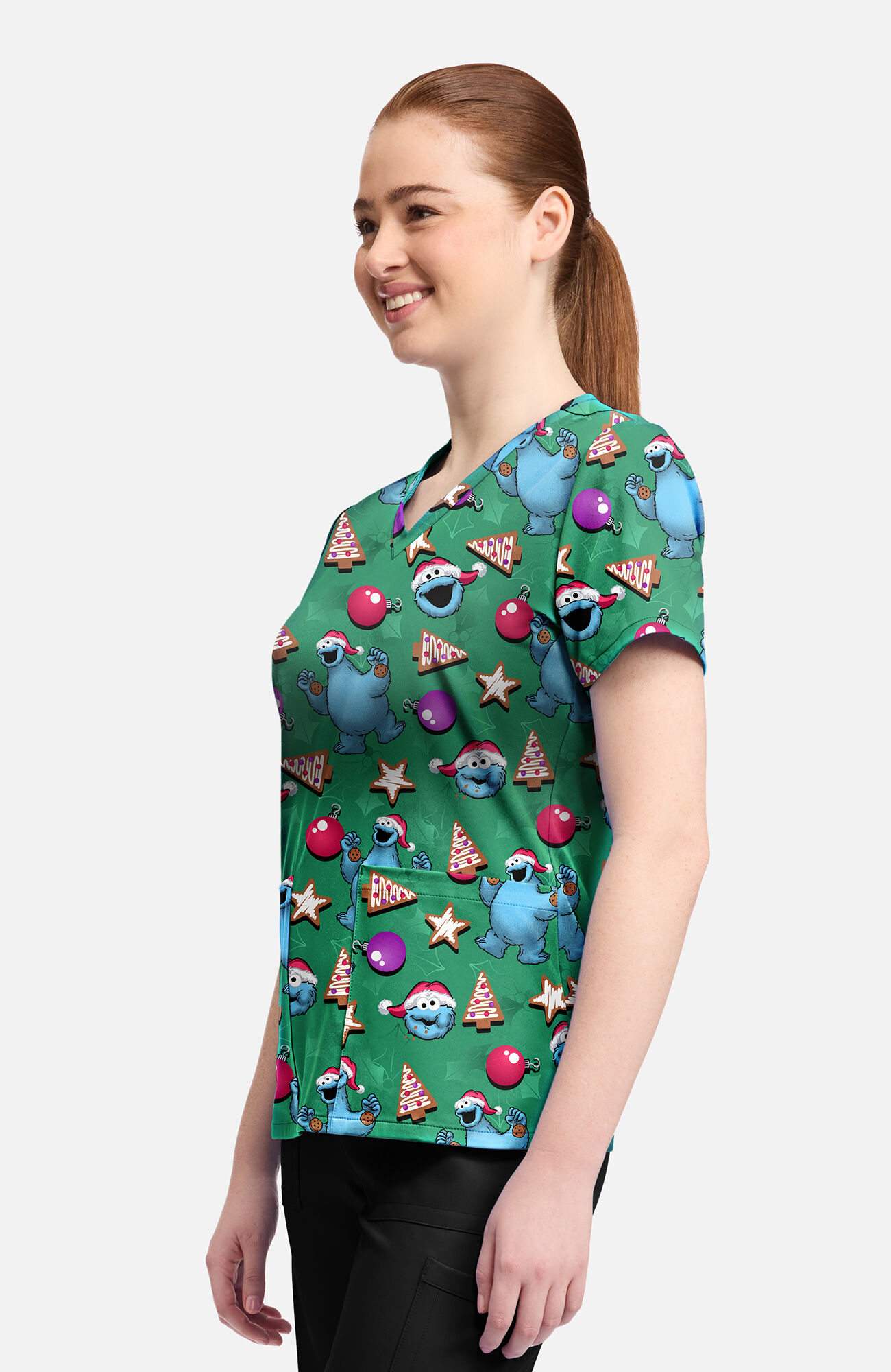 Women's Christmas Cookie Monster Print Scrub Top, , large