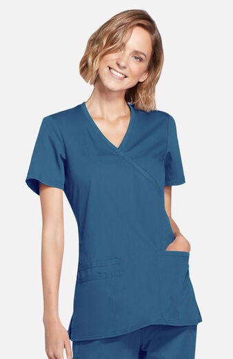 Women's Mock Wrap Knit Panel Solid Scrub Top Women's Mock Wrap Knit Panel Solid Scrub Top
