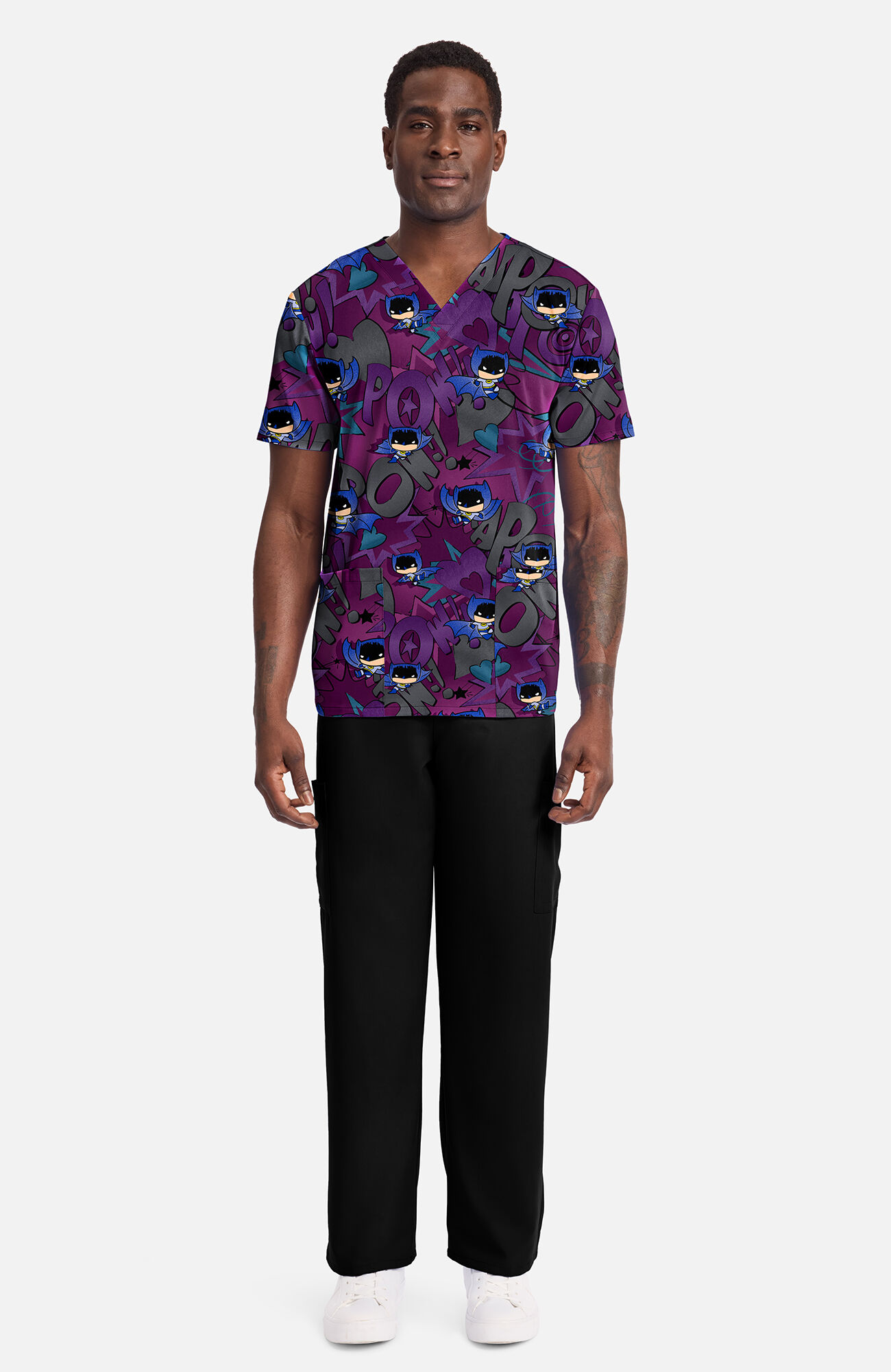 Men's Comic Hero Print Scrub Top, , large