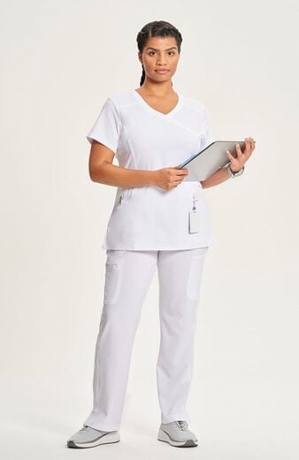 Women's 4-Pocket Knit Panel Mock Wrap Scrub Top Women's 4-Pocket Knit Panel Mock Wrap Scrub Top