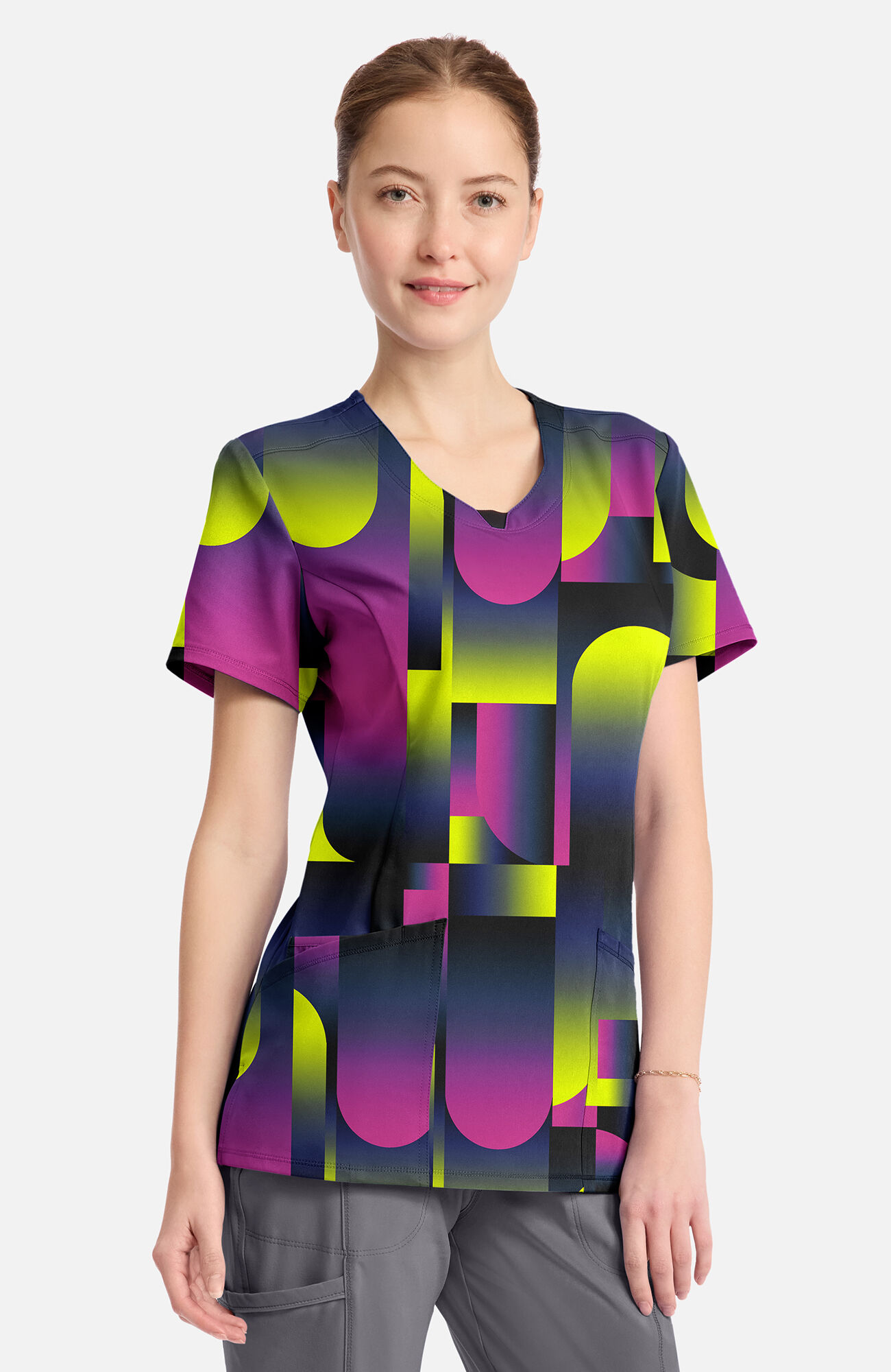 Women's Round Neck Portal Print Scrub Top, , large