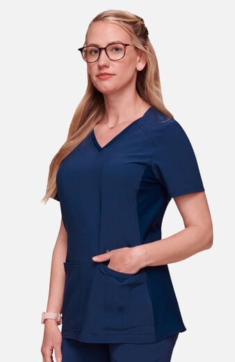 Women's V-Neck Knit Panel Solid Scrub Top Women's V-Neck Knit Panel Solid Scrub Top
