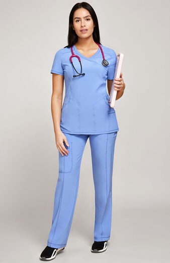 Women's Scrub set: 4-Pocket Knit Panel Mock Wrap Top & Rib Knit Drawstring Waist Pant  Women's Scrub set: 4-Pocket Knit Panel Mock Wrap Top & Rib Knit Drawstring Waist Pant