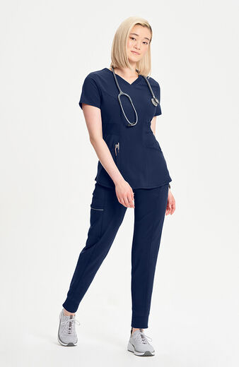 Women's 3-Pocket Knit Panel V-Neck Scrub Top Women's 3-Pocket Knit Panel V-Neck Scrub Top