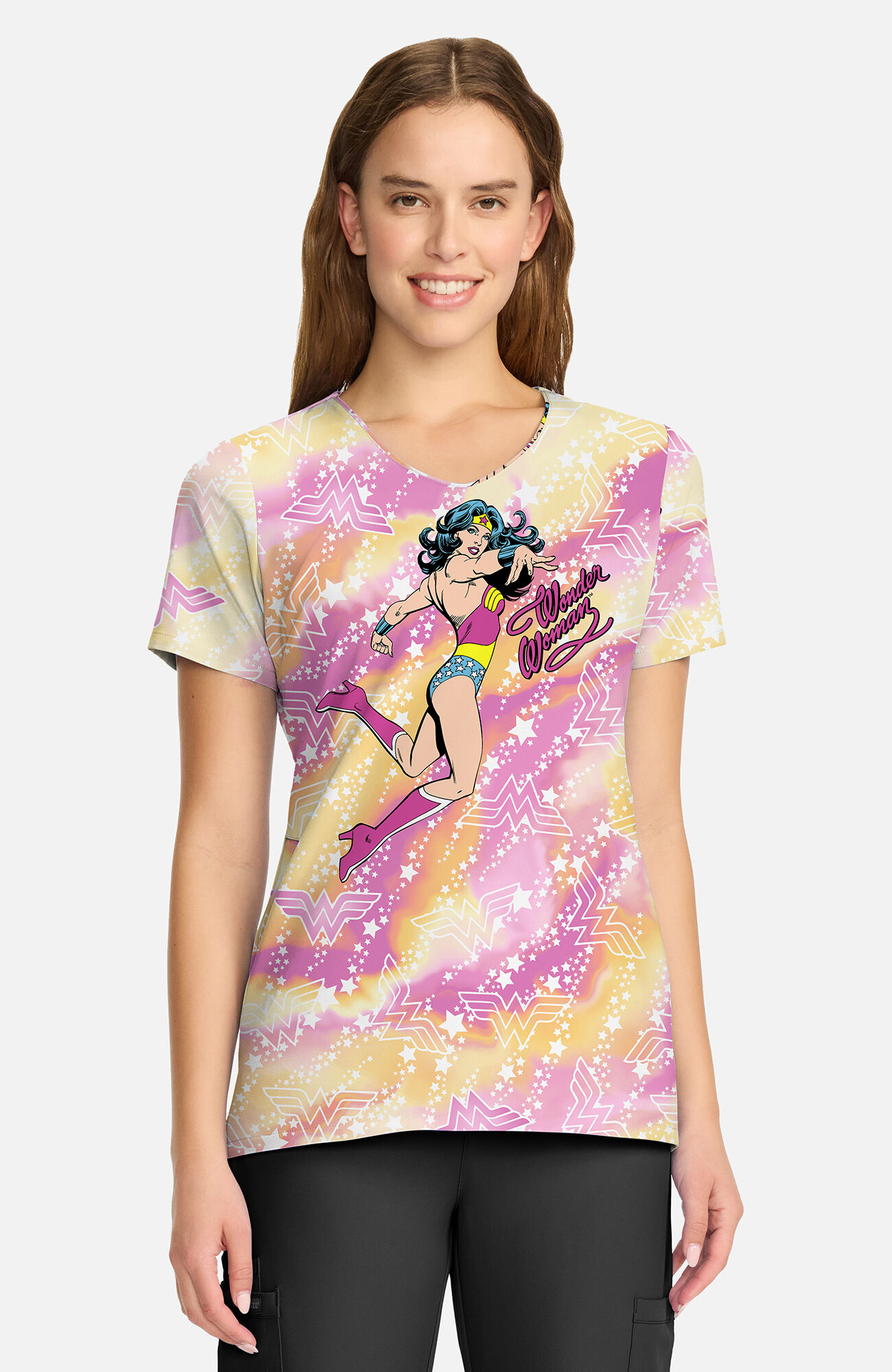 Women's Tiger Tie Dye Wonder Woman Print Scrub Top, , large