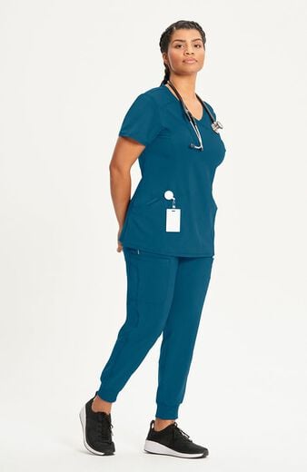Women's 4-Pocket Knit Panel Mock Wrap Scrub Top Women's 4-Pocket Knit Panel Mock Wrap Scrub Top