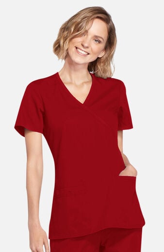 Women's Mock Wrap Knit Panel Solid Scrub Top Women's Mock Wrap Knit Panel Solid Scrub Top