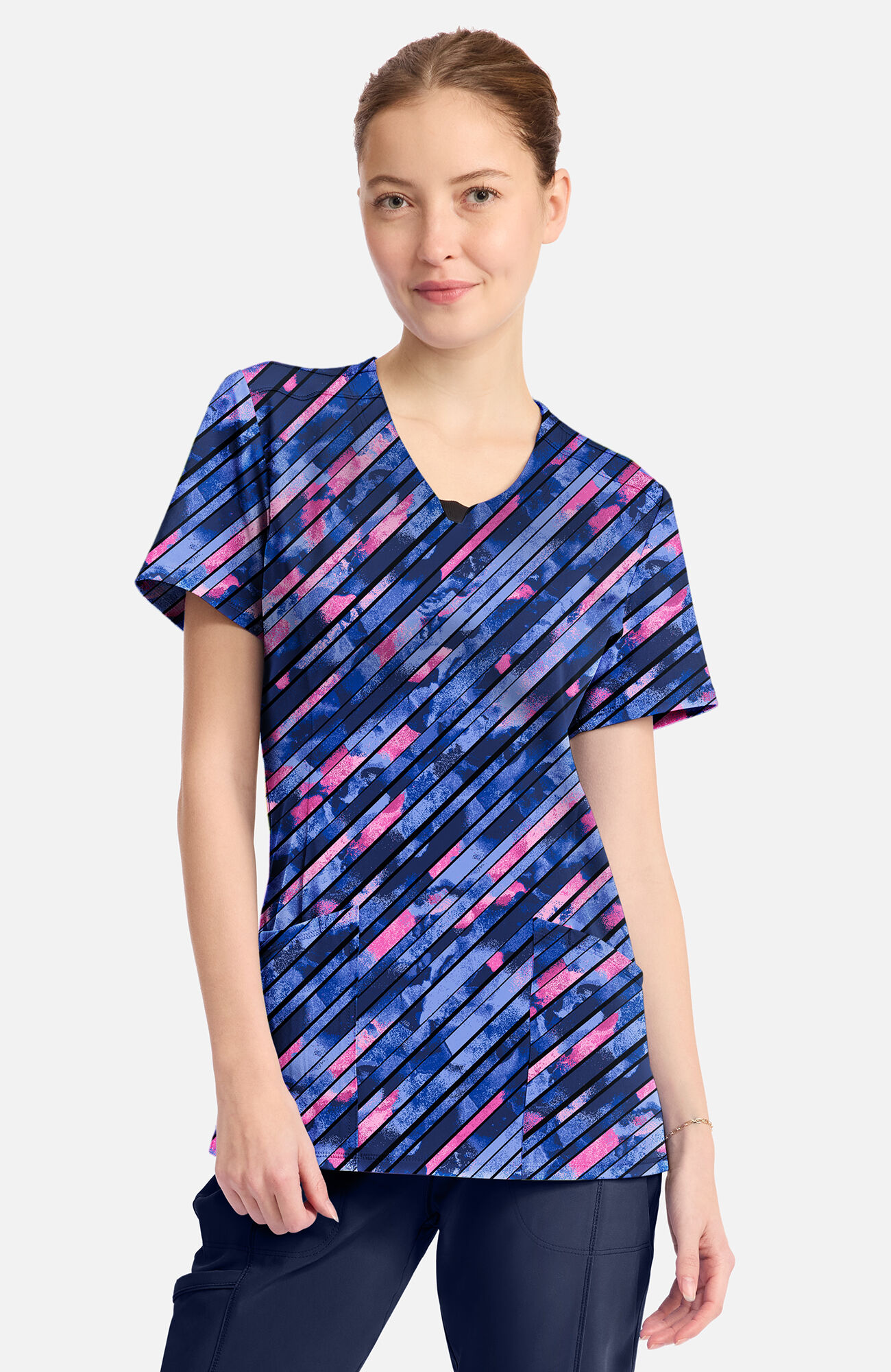 Women's Round Neck Staggered Marble Print Scrub Top, , large