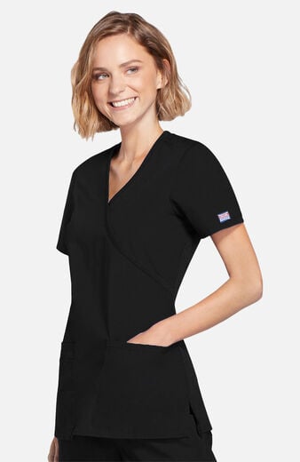 Women's Mock Wrap Knit Panel Solid Scrub Top Women's Mock Wrap Knit Panel Solid Scrub Top