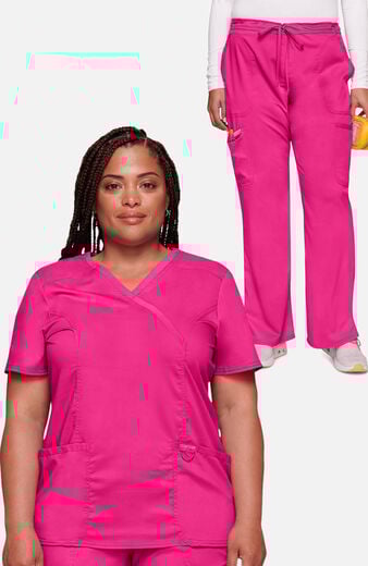 Women's Scrub Set: Shaped 3-Pocket Mock Wrap Top & Drawstring Flare Pant Women's Scrub Set: Shaped 3-Pocket Mock Wrap Top & Drawstring Flare Pant